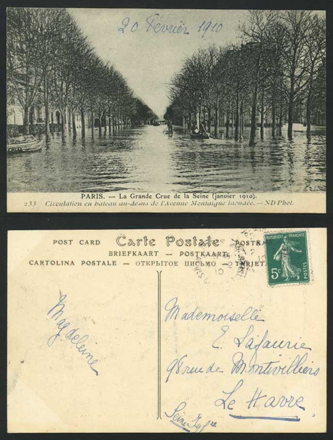 PARIS FLOOD La Grande Drue de la Seine 1910 Old Postcard Avenue Montaigne, Boats