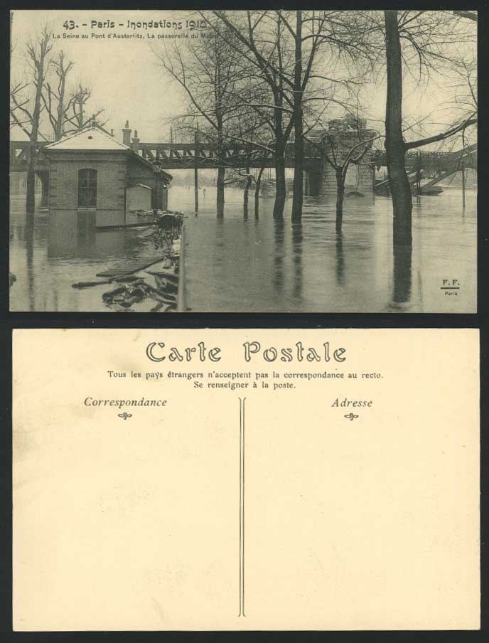 PARIS FLOOD 1910 Postcard Seine Pont Austerlitz, Bridge