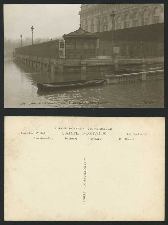 PARIS FLOOD 1910 Postcard Gare d' Orsay Railway Station