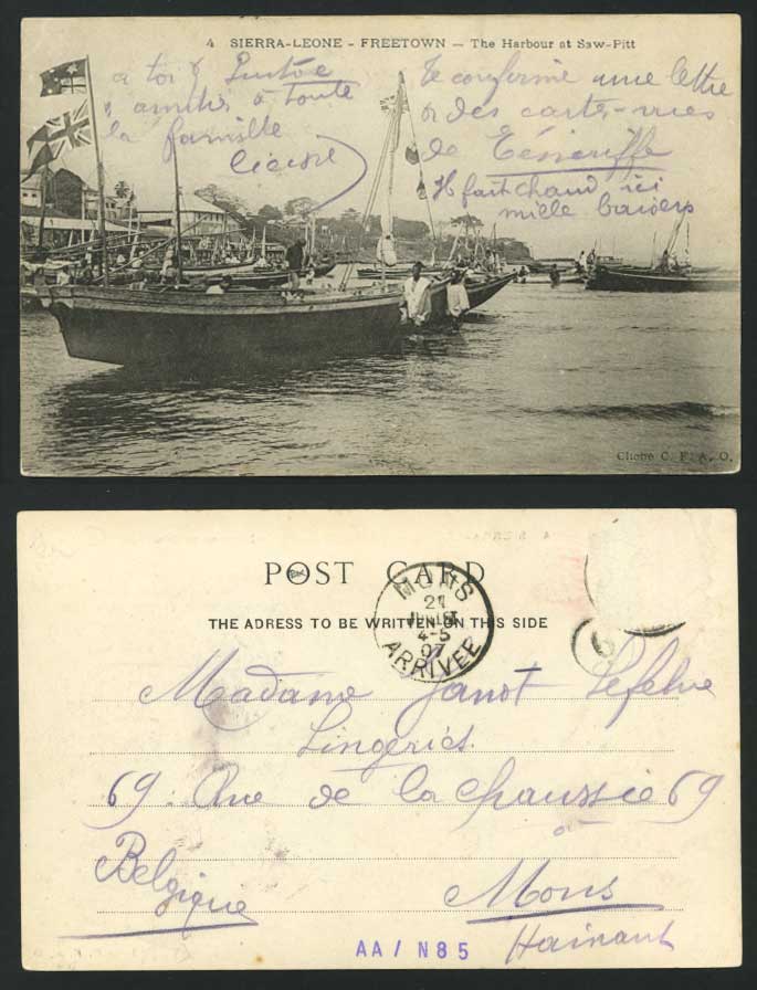 Sierra Leone 1907 Old Postcard Freetown - Harbour at Saw-Pitt, Boats Ships Flags