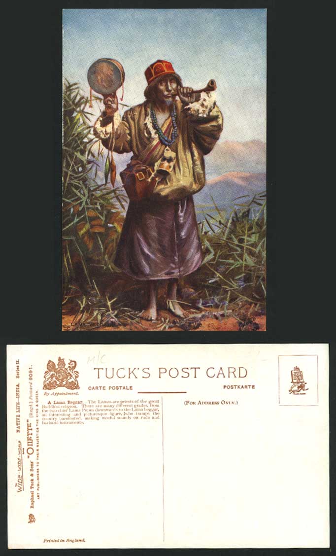 TIBET China India Old Tuck's Oilette Postcard TIBETAN LAMA BEGGAR Bell Barefoot