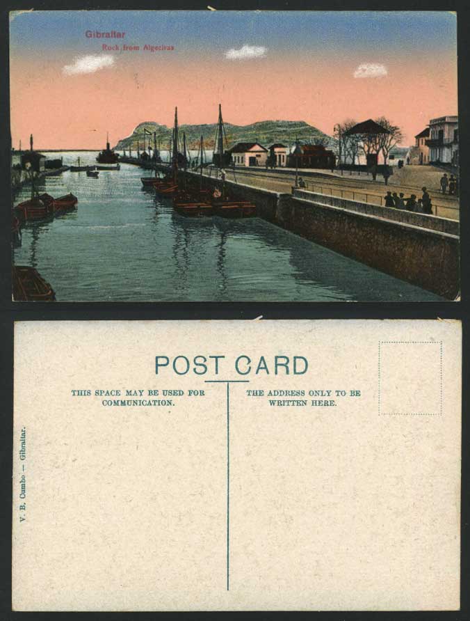 Gibraltar from Algeciras Harbour ROCK Boat Boats Road Old Colour Postcard