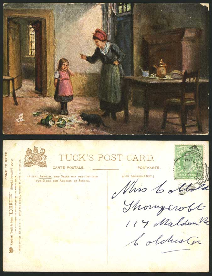 Come to Grief Old Tuck's Oilette Postcard Lady Girl Cat