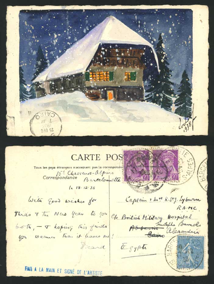 Snowy Cottage 1938 Old Hand Painted Postcard to Egypt