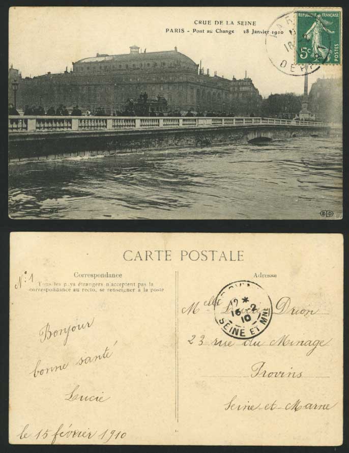 PARIS FLOOD 1910 Postcard PONT AU CHANGE, Bridge & TRAM