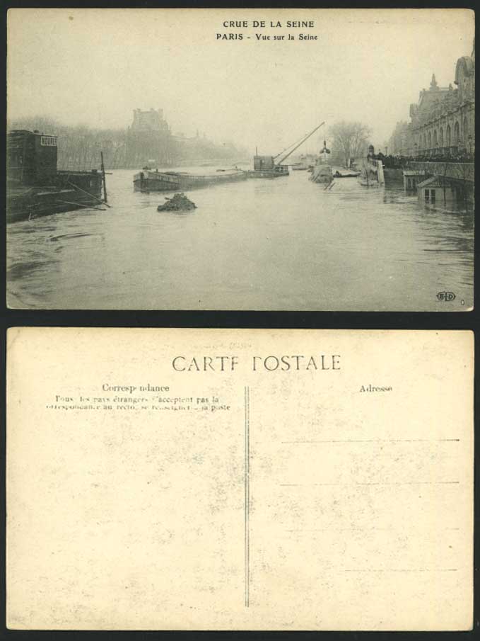 PARIS FLOOD 1910 Old Postcard Vue sur la Seine River, Crue de la Seine, Flooded
