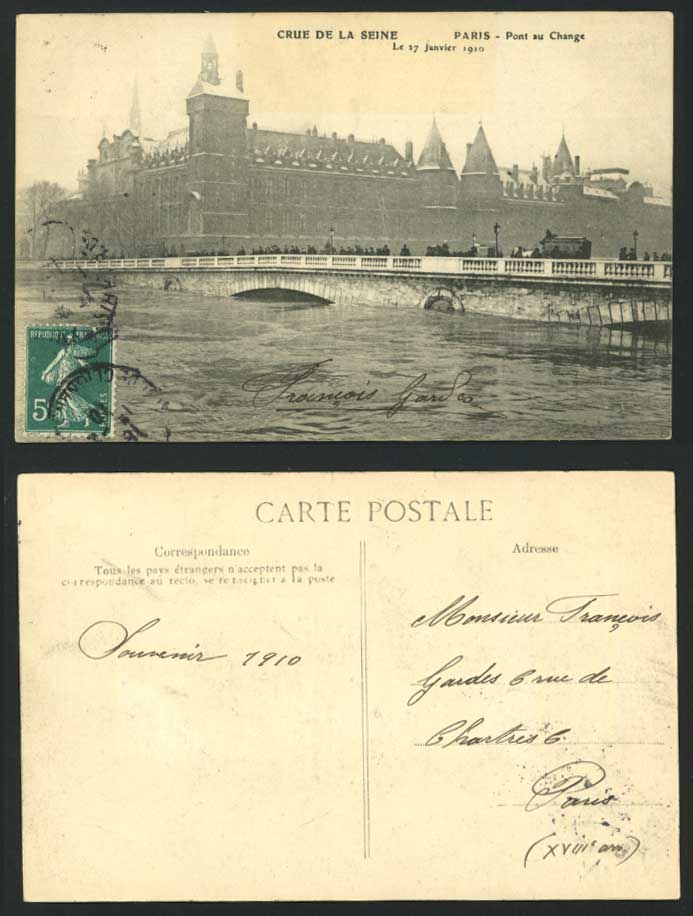 PARIS FLOOD 27 Jan. 1910 Postcard Pont au Change Bridge