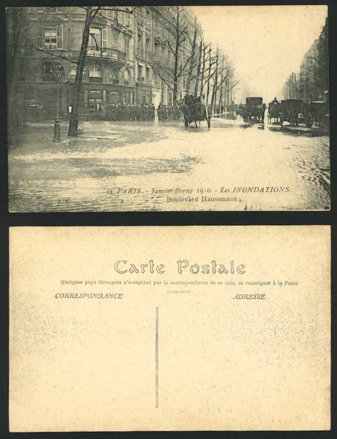PARIS FLOOD 1910 Postcard Boulevard Haussmann Car Carts