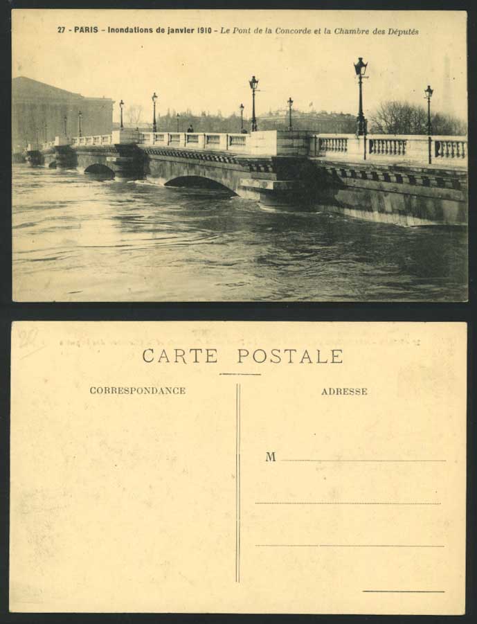 PARIS FLOOD 1910 Old Postcard Pont Concorde Bridge Chambre Deputes