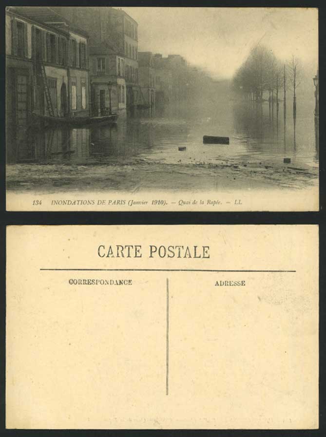 PARIS FLOOD 1910 Old Postcard Quay Quai de La Rapee L.L. 134