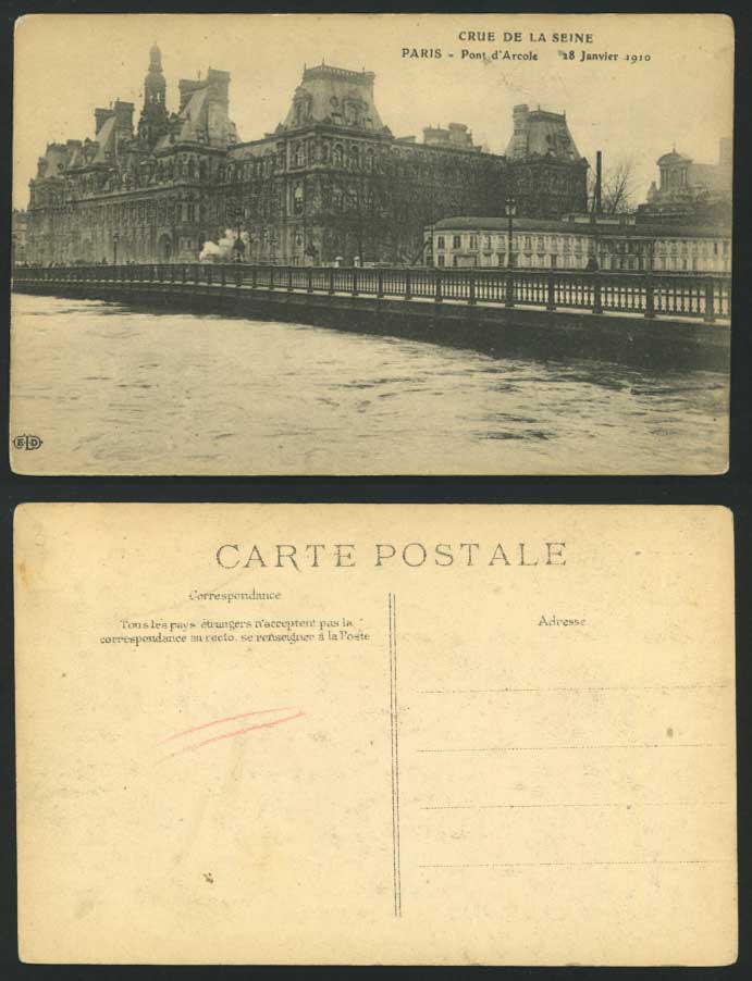 PARIS FLOOD 28 Jan 1910 Old Postcard Pont Arcole Bridge Flooded River Scene