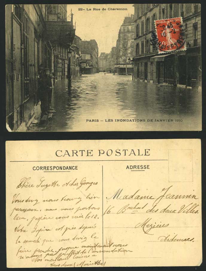 PARIS FLOOD 1910 Postcard La Rue de Charenton Boucherie