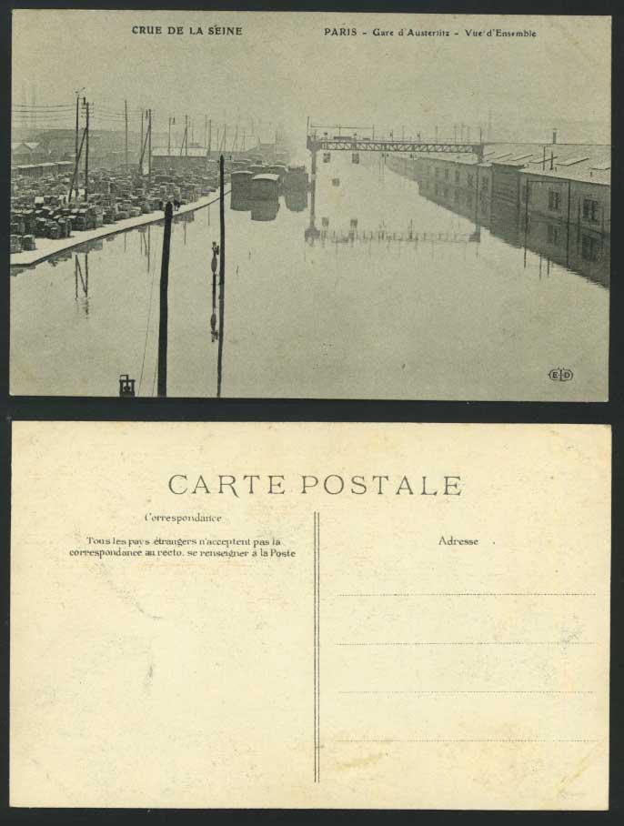 PARIS FLOOD 1910 Postcard Gare Austerlitz, Vue Ensemble