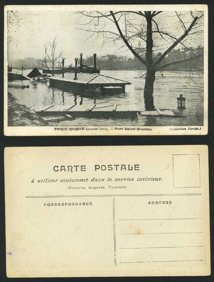 PARIS FLOOD Disasters, Port Saint-Nicolas 1910 Old Postcard Bridge