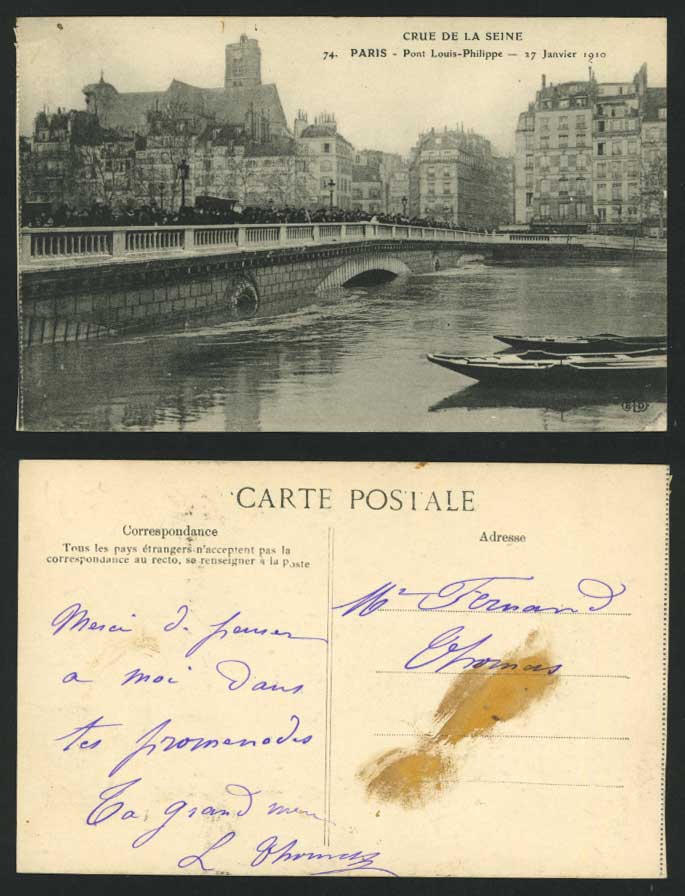 PARIS FLOOD Ja 1910 Postcard Pont Louis Philippe Bridge