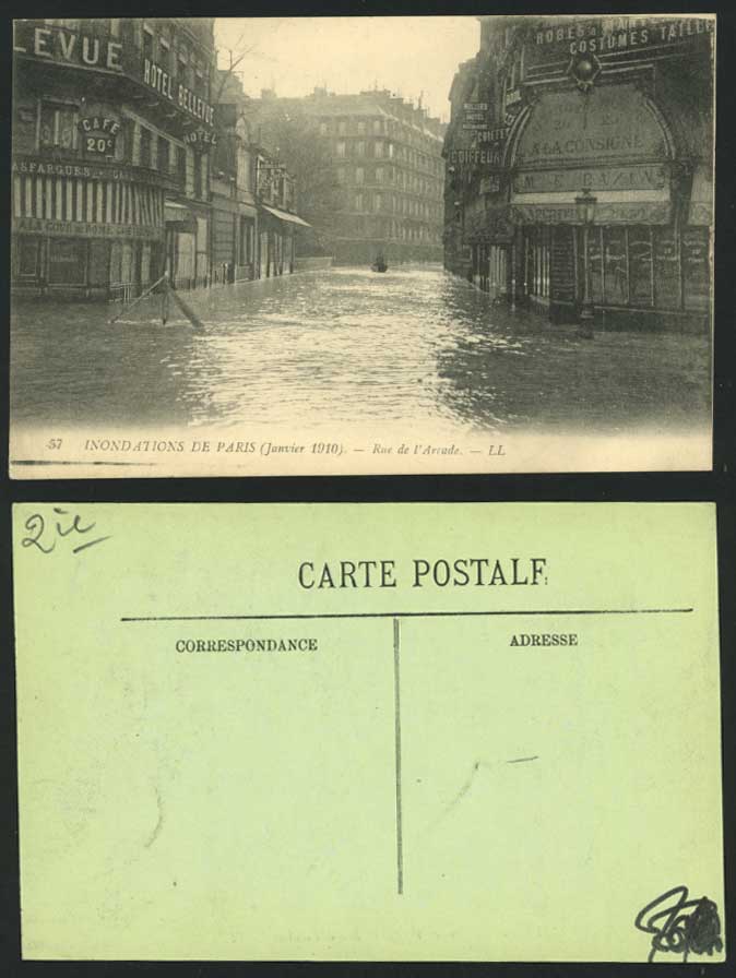 PARIS FLOOD 1910 Postcard Rue de Arcade, Hotel Bellevue