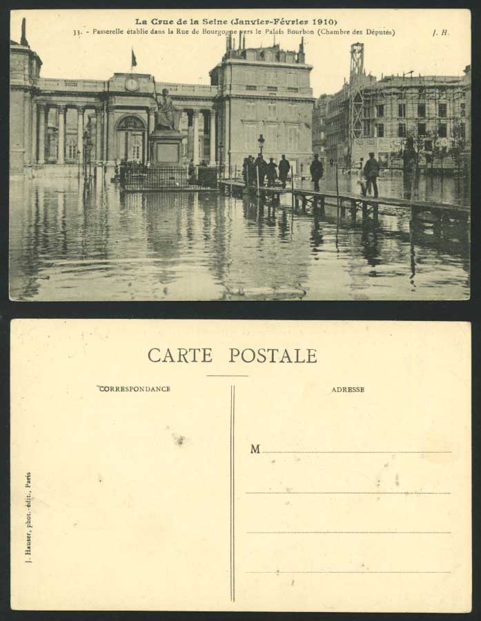 PARIS FLOOD 1910 Postcard Rue Bourgogne, Palais Bourbon