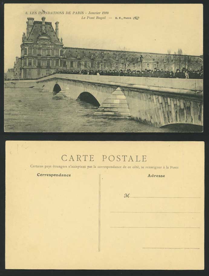 PARIS FLOOD 1910 Old Postcard PONT ROYAL Bridge & Crowd