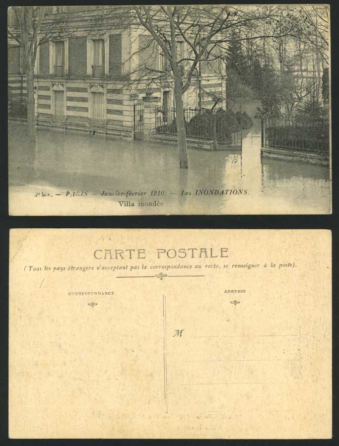 PARIS FLOOD Janvier Fevrier 1910 Postcard Villa Inondee