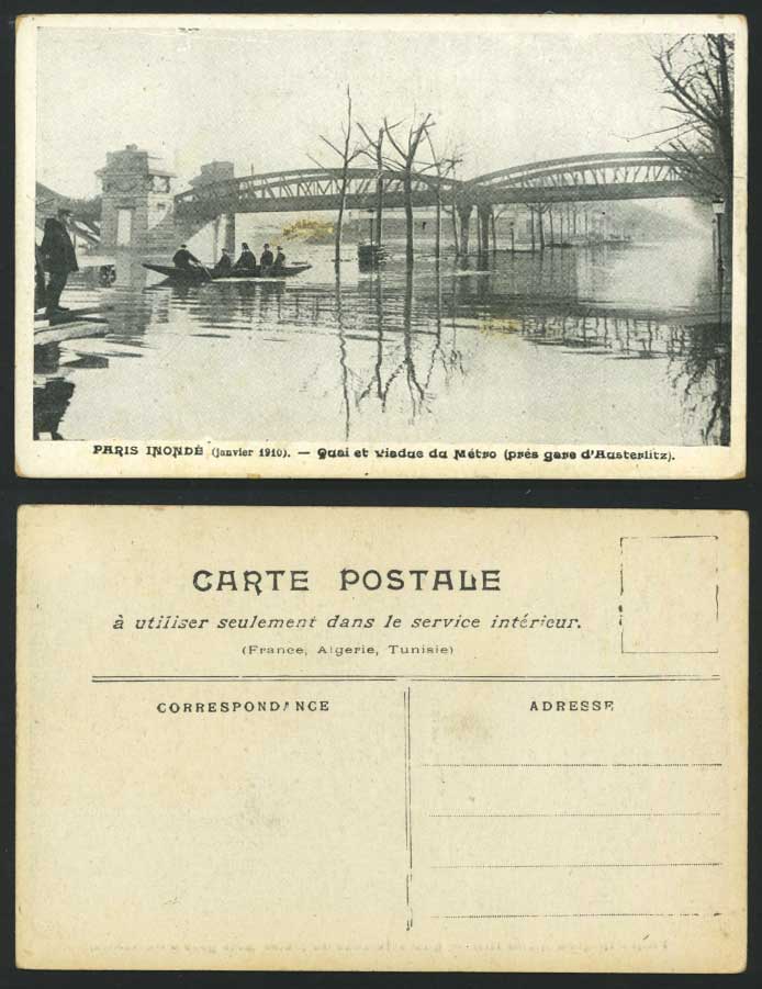 PARIS FLOOD 1910 Postcard Gare Austerlitz, Viaduc Metro