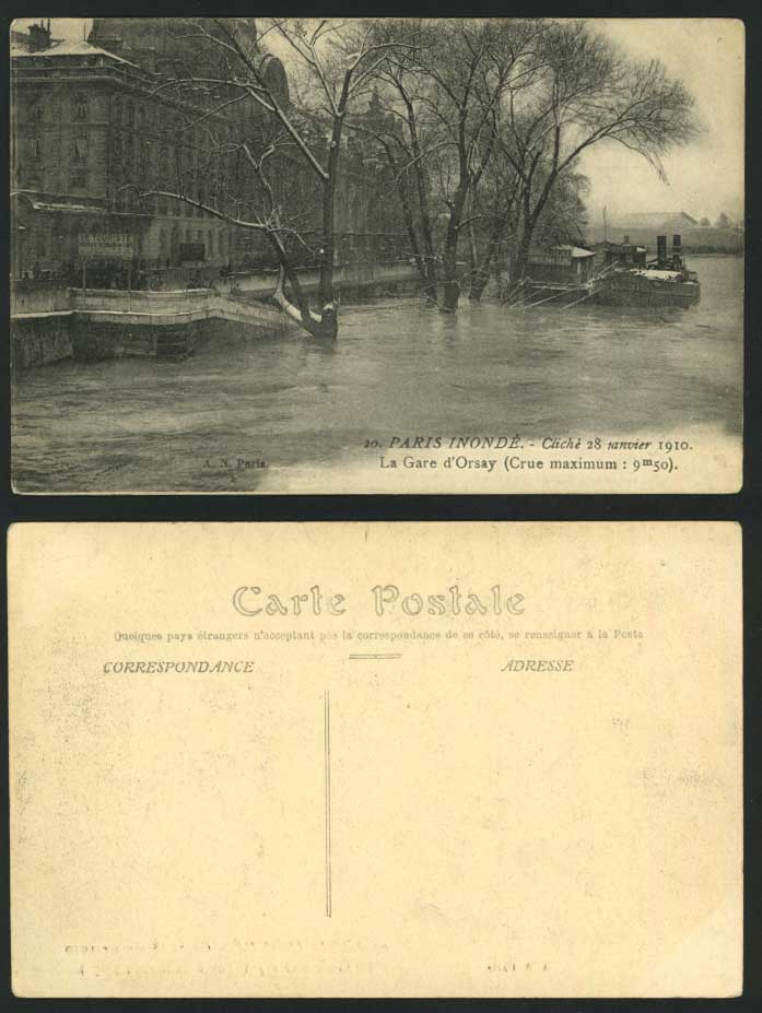 PARIS FLOOD Jan. 1910 Old Postcard Gare d'Orsay Station