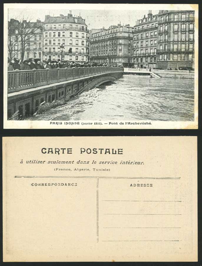 PARIS FLOOD 1910 Old Postcard Bridge Pont de Archeveche