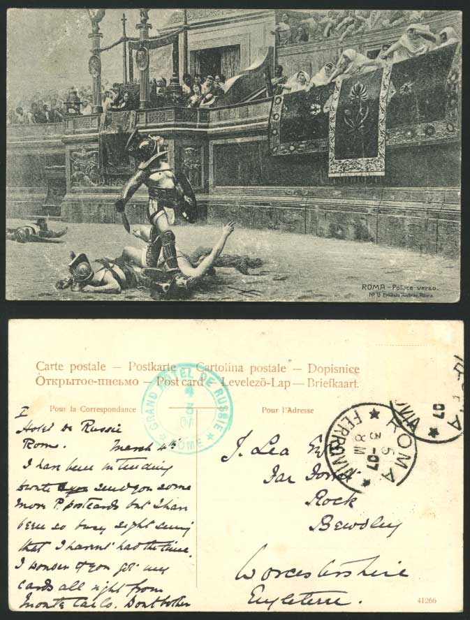 Italy Roma Rom 1907 Old Postcard Gladiator Police Verso