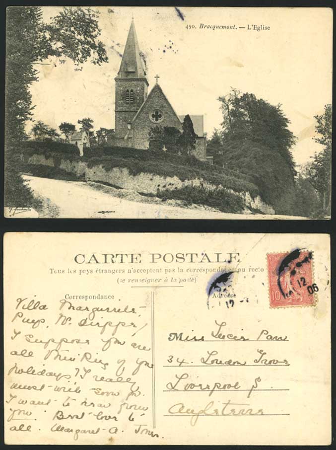 France - Bracquemont L'Eglise, Church 1906 Old Postcard