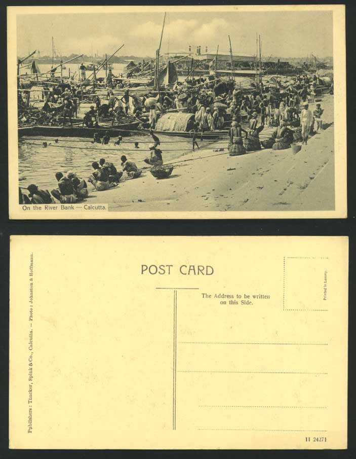 India Old Postcard Bathers on River Bank Boats Calcutta