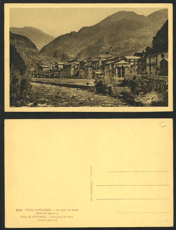 Andorra c.1930 Old Postcard San Julia de Loria, Altitude 940m. Mountains & River