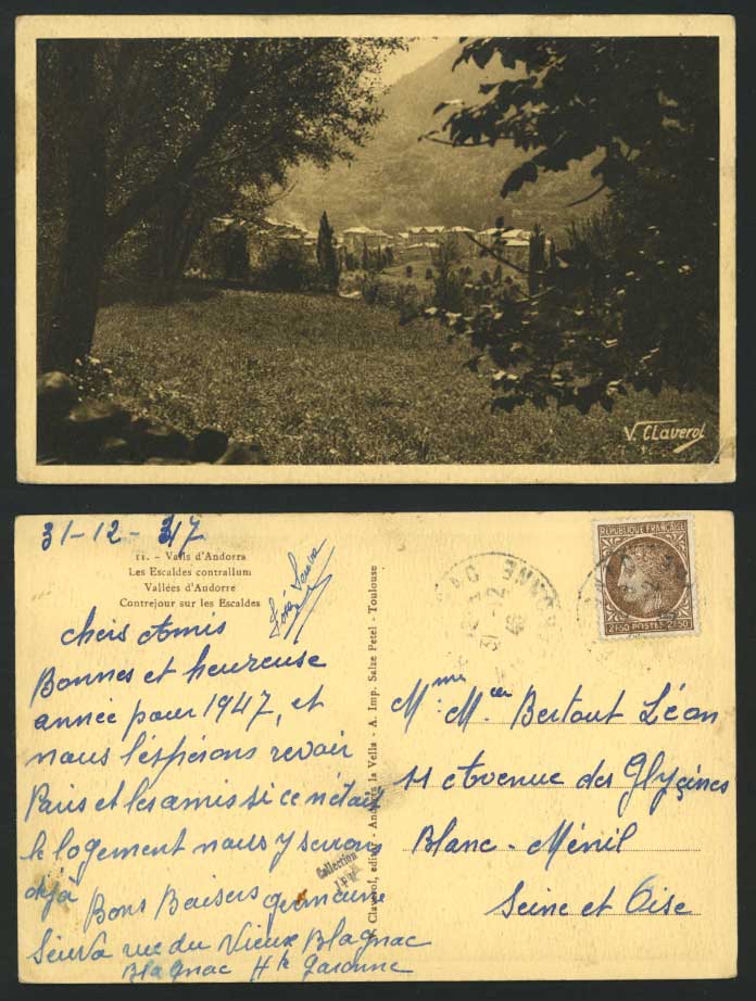 Andorra 2f50. 1946 Old Postcard Les Escaldes Contrallum