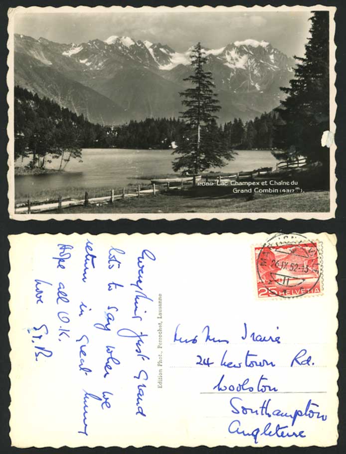 Swiss 1952 Old Postcard Lac Champex Chaine Grand Combin