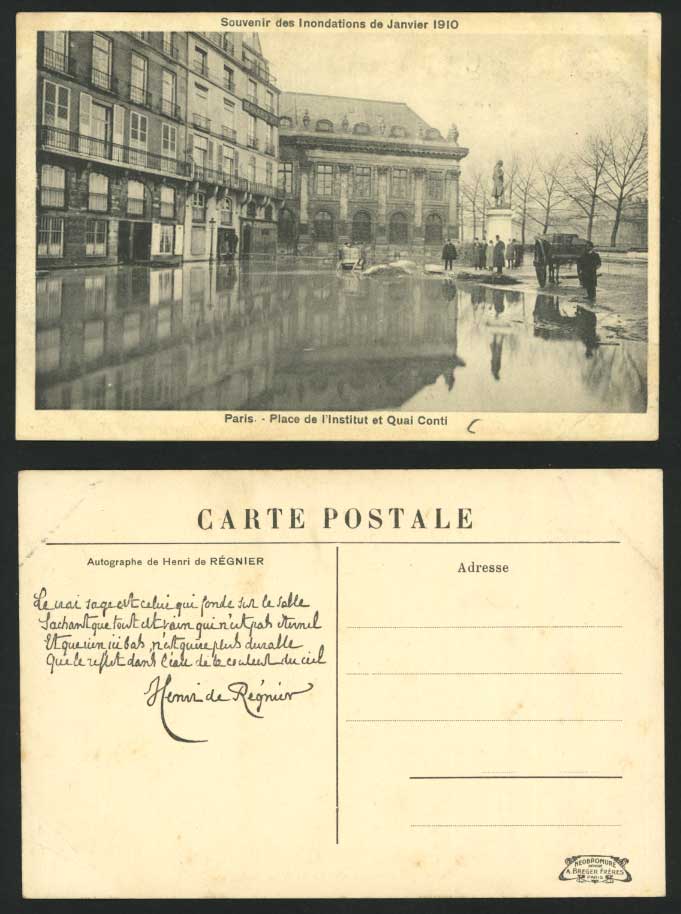 PARIS FLOOD 1910 Postcard Place de Institut, Quai Conti