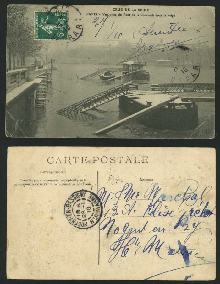 PARIS FLOOD 1910 Postcard Pont de la Concorde, la Neige