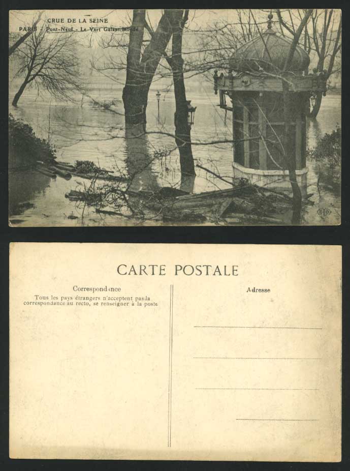 PARIS FLOOD 1910 Postcard Vert Galant, Pont Neuf Bridge