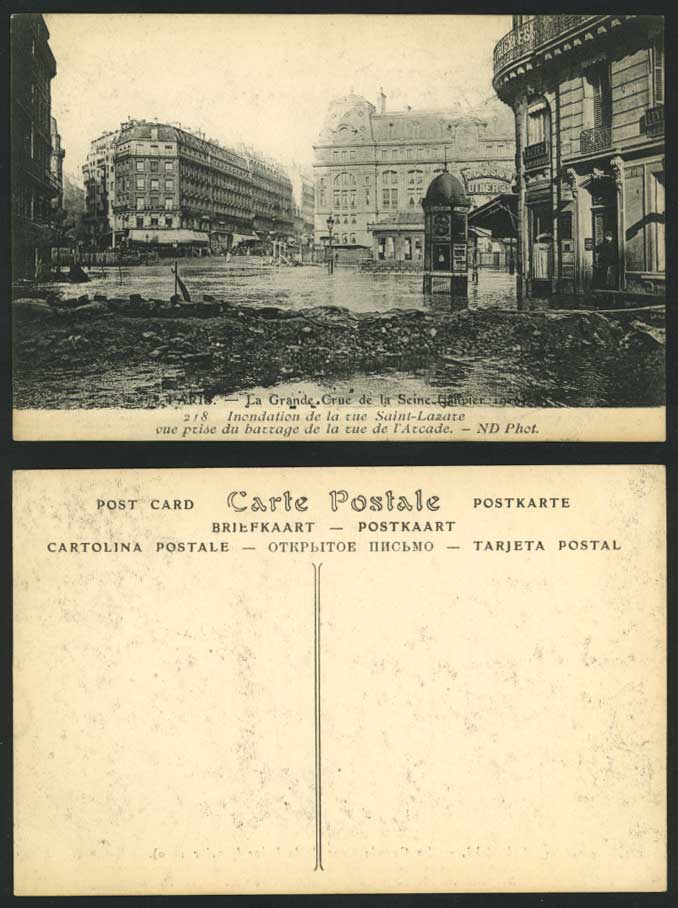PARIS FLOOD 1910 Postcard Rue St-Lazare, Barrage Arcade