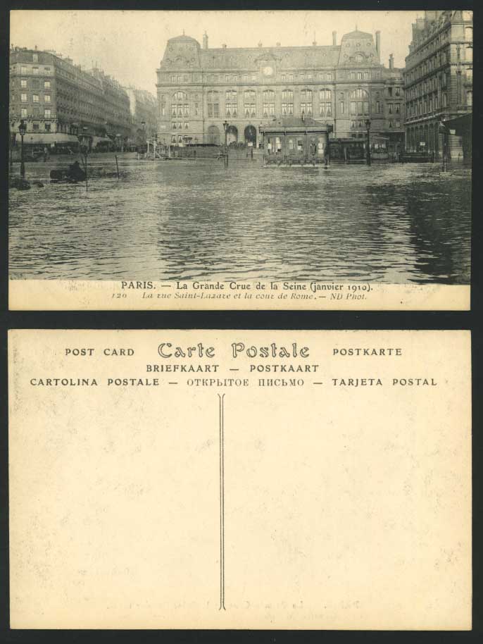 PARIS FLOOD 1910 Postcard Autour de Gare Saint-Lazare