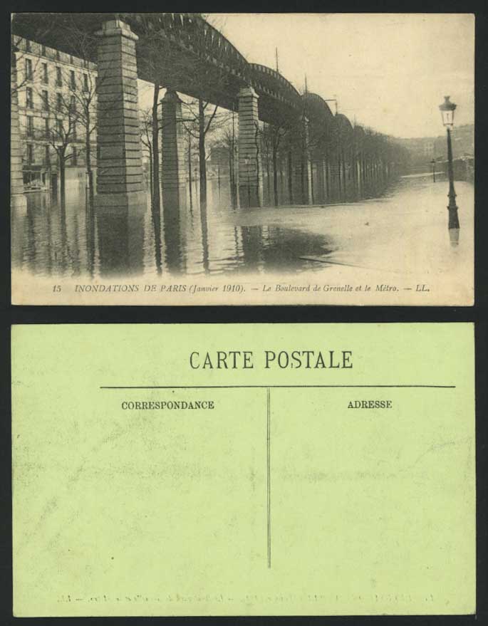 PARIS FLOOD 1910 Old Postcard Boulevard de Grenelle & Metro Street Bridge L.L.15