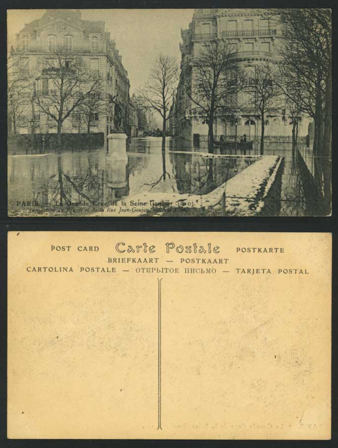 PARIS FLOOD 1910 Old Postcard Square et Rue Jean-Goujon, Flooded Street Scene