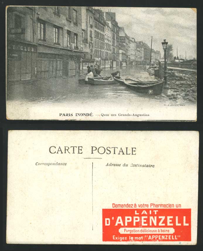 PARIS FLOOD 1910 Old Postcard Quai des Grands-Augustins Advertising on back