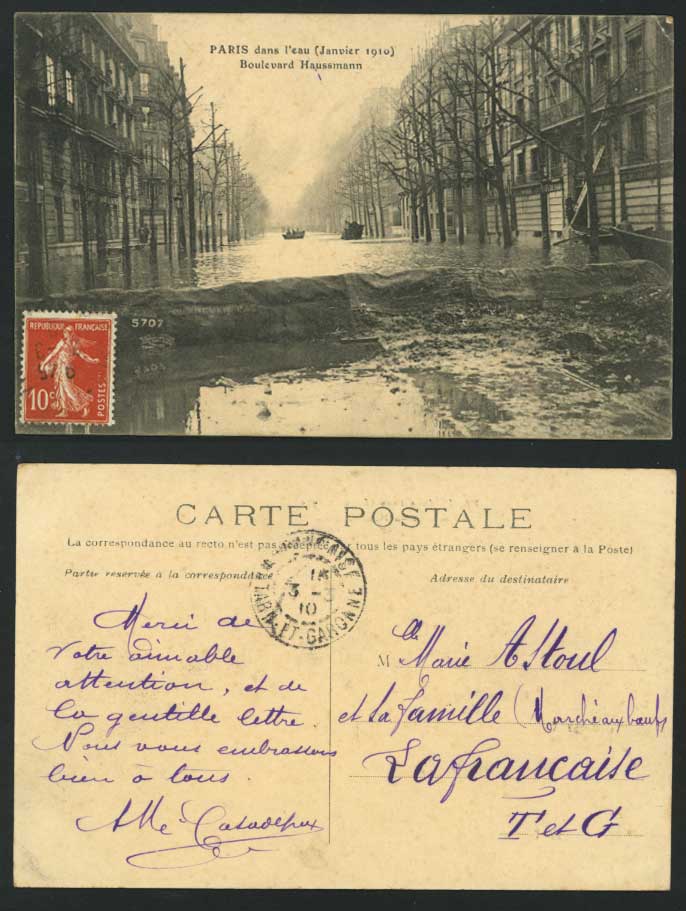 PARIS FLOOD 1910 Postcard Boulevard Haussmann - Street