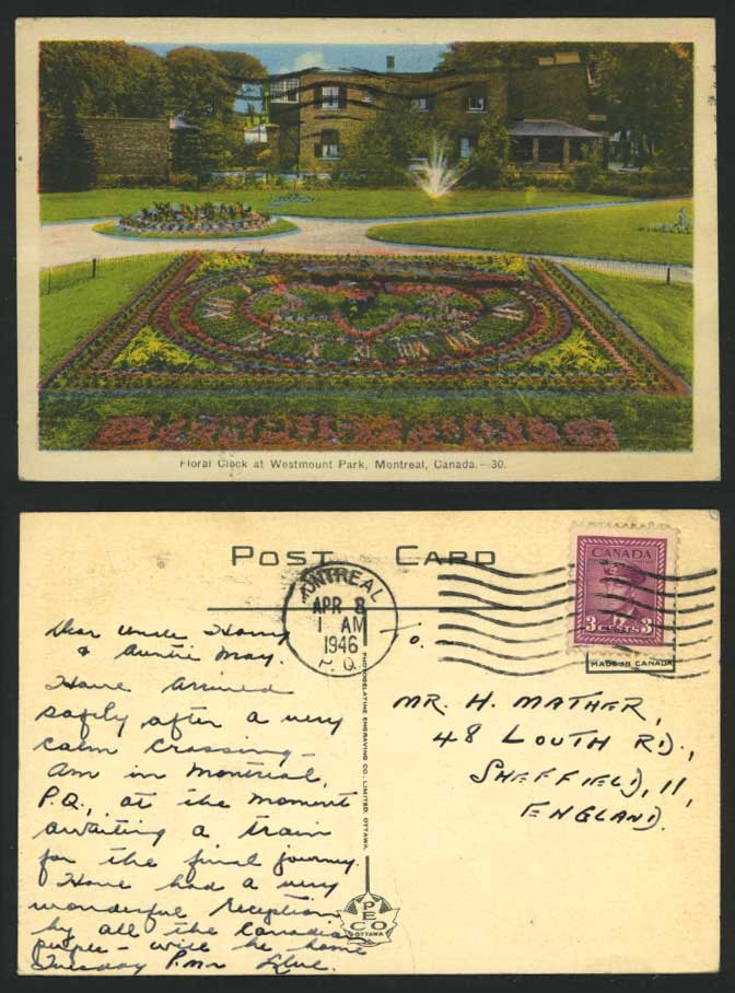 Montreal 1946 Old Postcard Westmount Park, Floral Clock