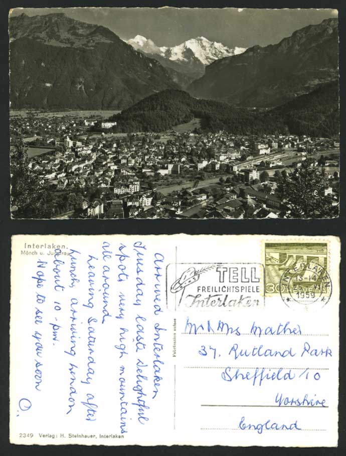 Swiss Interlaken 1959 Old R.P. Postcard Moench Jungfrau