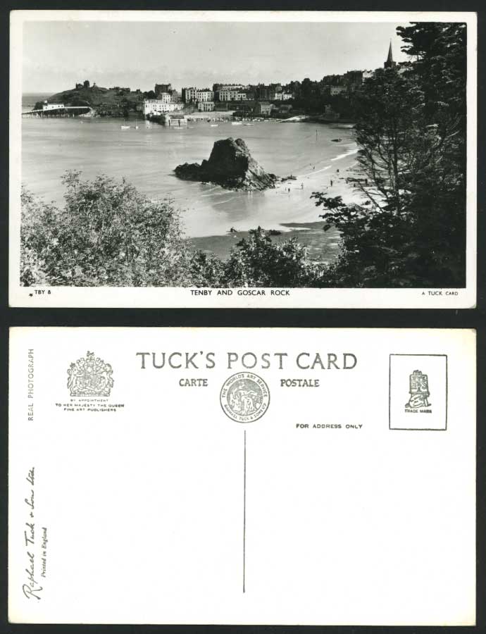 TENBY Old Real Photo Postcard Beach, Pier & Goscar Rock