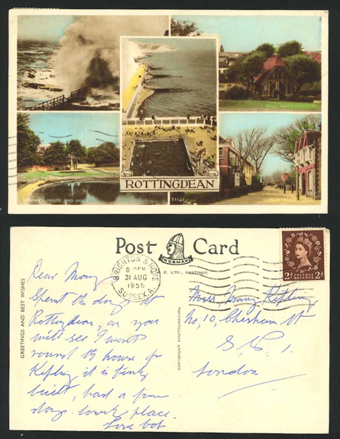 Rottingdean 1956 Postcard Rough Sea Mill Lychgate Hotel