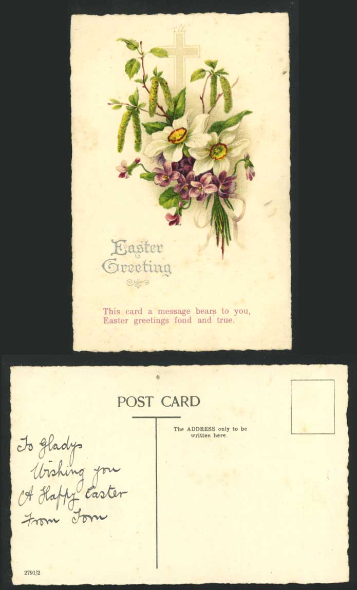 Easter Greetings Fond & True Old Postcard Cross Flowers
