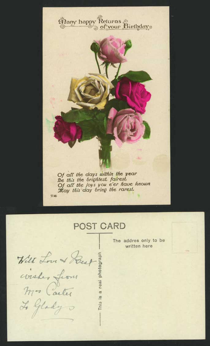 Happy Returns on Your Birthday Rose Flower Old Postcard
