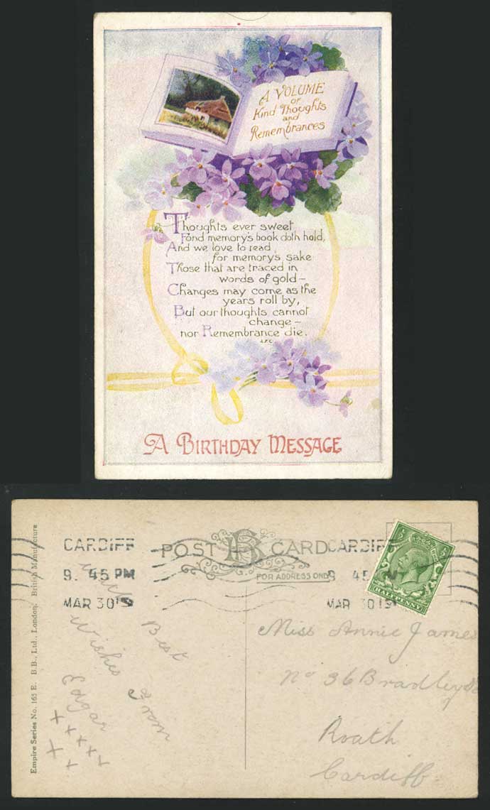 A Birthday Message & Violet Flowers 1919 Old Postcard