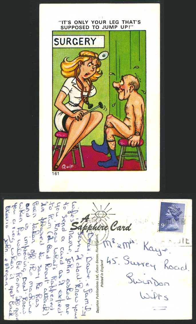 QUIP Artist Signed Old Postcard Surgery Only Leg Supposed to Jump Up Comic Humor