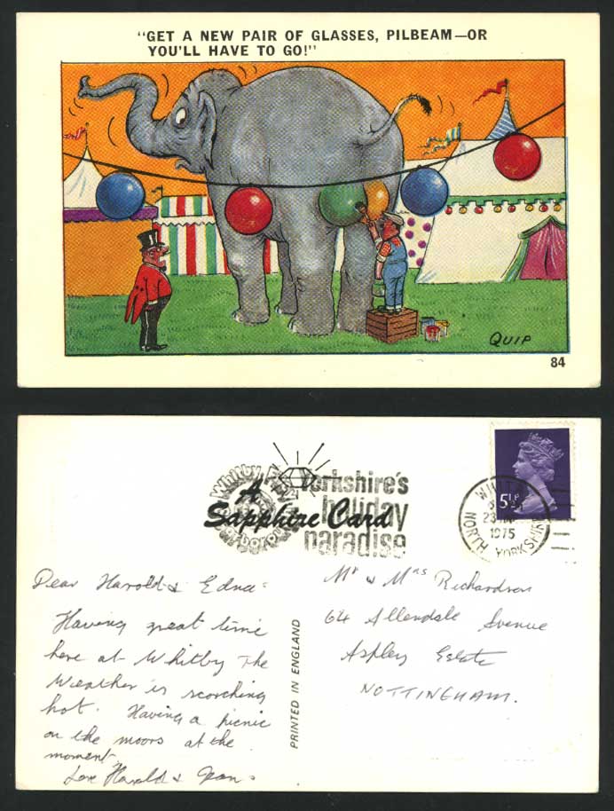 QUIP Circus Elephant 1975 Old Postcard Get New Pair Glasses Pilbeam Comic Humour